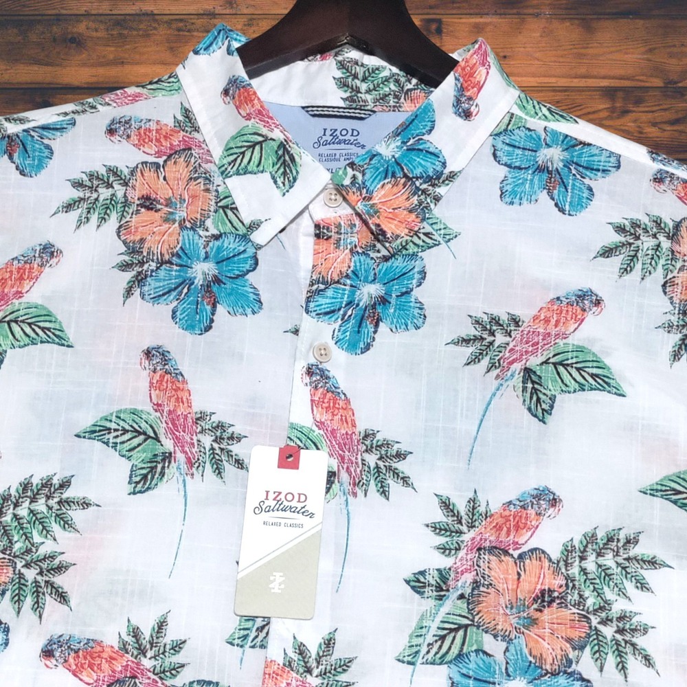 NWT IZOD Saltwater Shirt Men's XXL‎ Tropical Chambray Cotton Relaxed Classic Fit